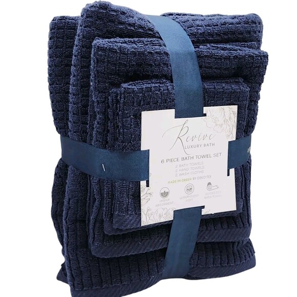 Revive Luxury Bath 6pc Blue Cotton Towel Set Zero Twist 2Bath 2Hand 2Washcloths - Picture 4 of 7